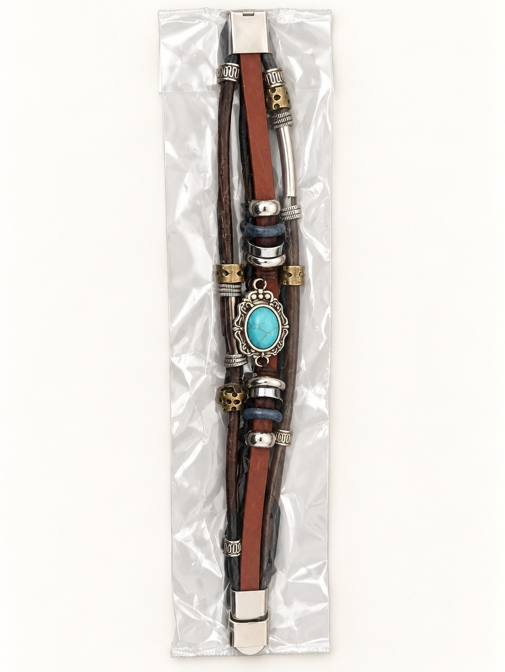 Brown Snakeskin-Print Feather Bracelet Turquoise-Color Beads New